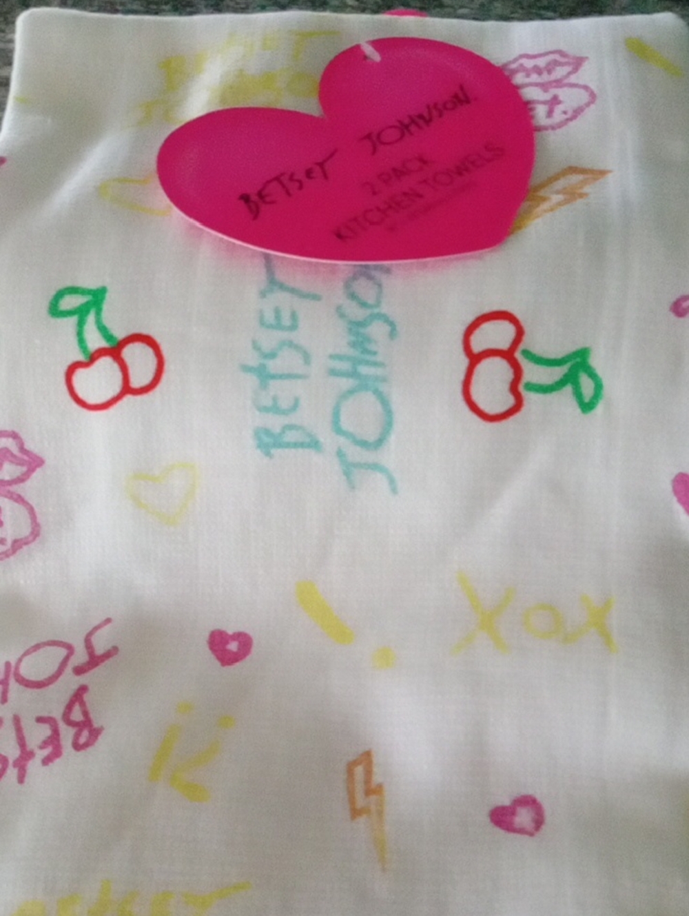 Betsey Johnson White Kitchen Towel Set with Red Cherries & Multicolor Doodles